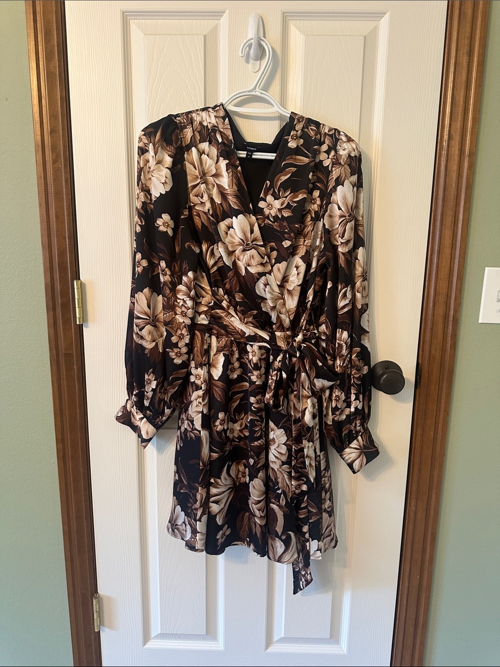 Express Floral Wrap Dress in Brown and Cream